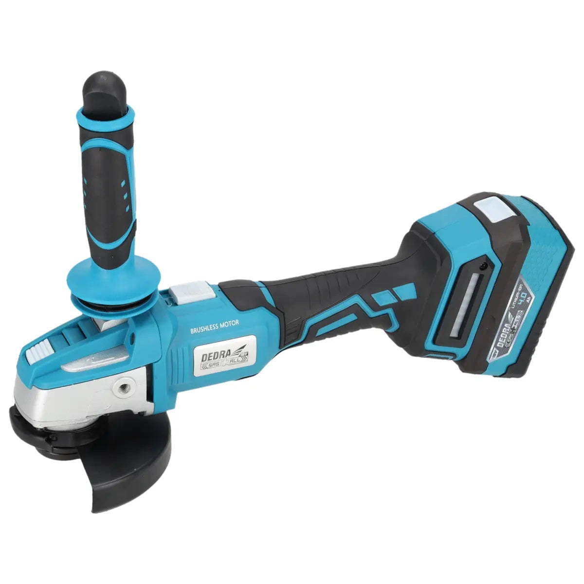 DEDRA borstelloze haakse slijper, twee 4Ah accu DED7030A10