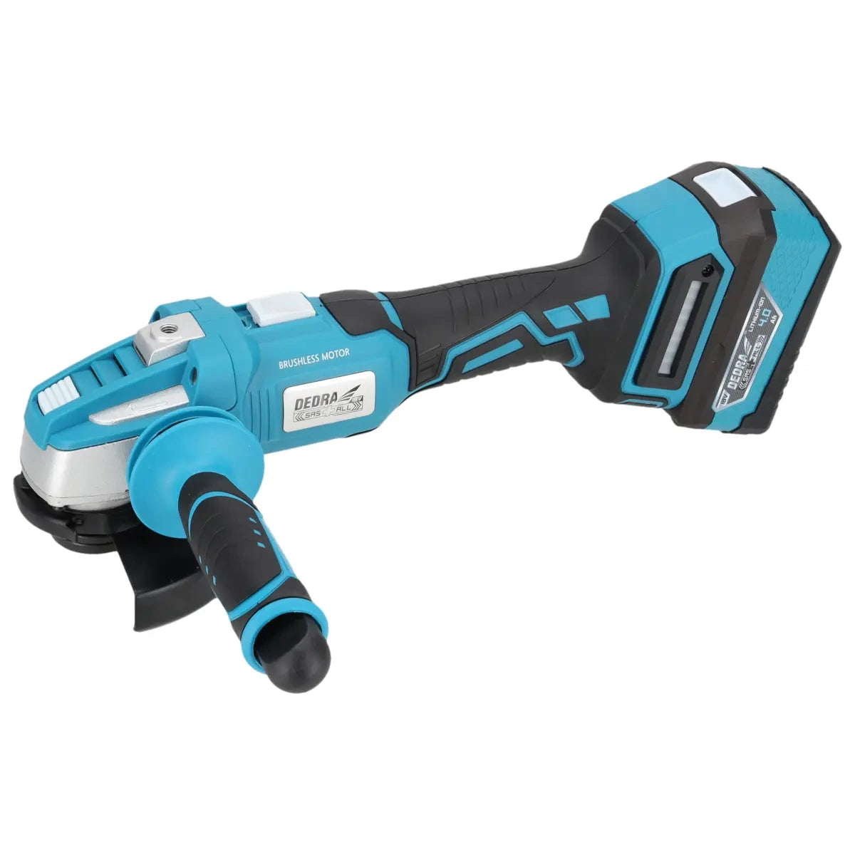 DEDRA borstelloze haakse slijper, twee 4Ah accu DED7030A10